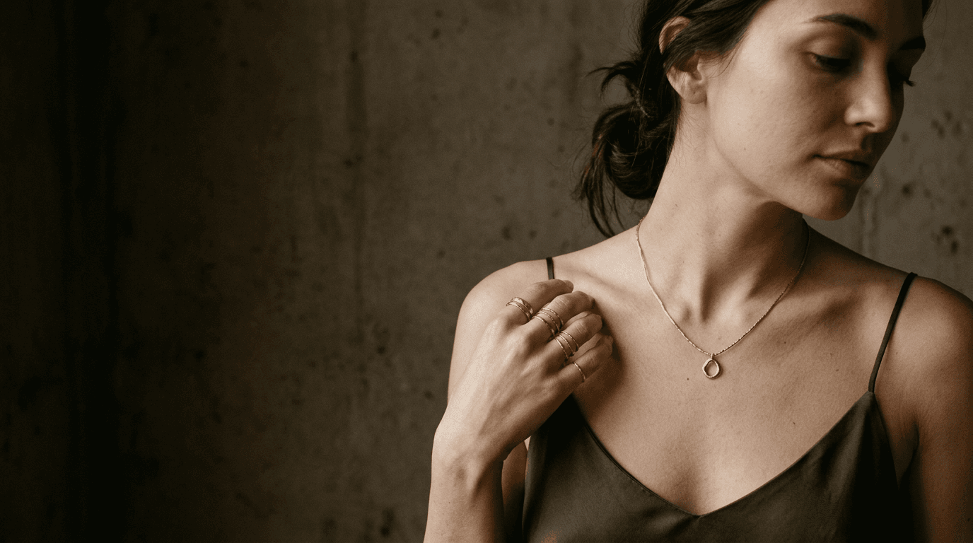 A hand-forged gold necklace and stacked gold rings worn in soft window light