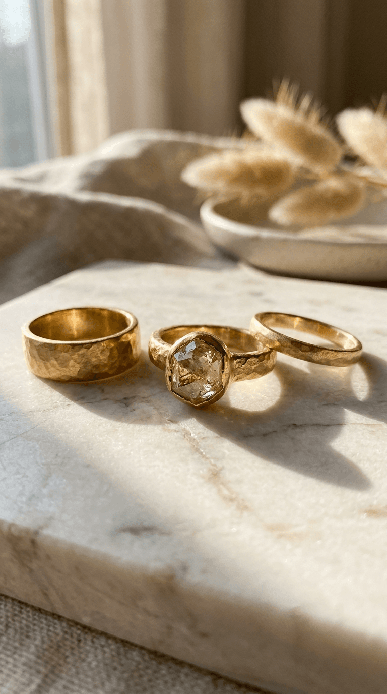 Hammered gold rings and a rough-cut champagne diamond ring on cream marble